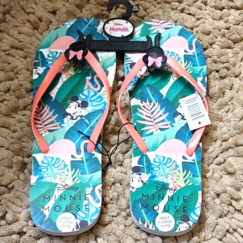 New Disney Minnie Mouse Women's size XL 11-12 tropical print flip flops